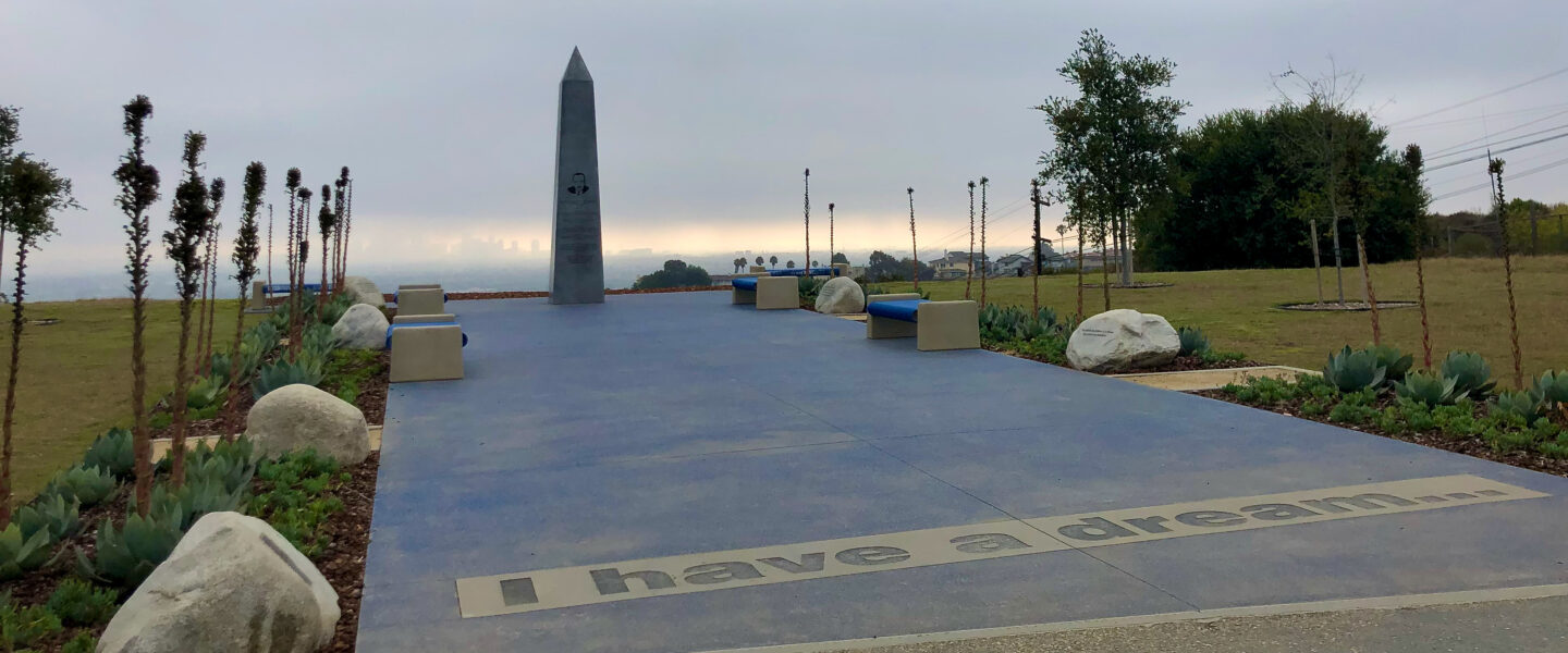 MLK memorial in Kenneth Hahn Park with Downtown Los Angeles in the distance