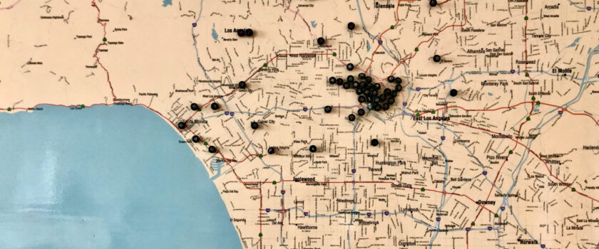 Map of Los Angeles area with black pushpins