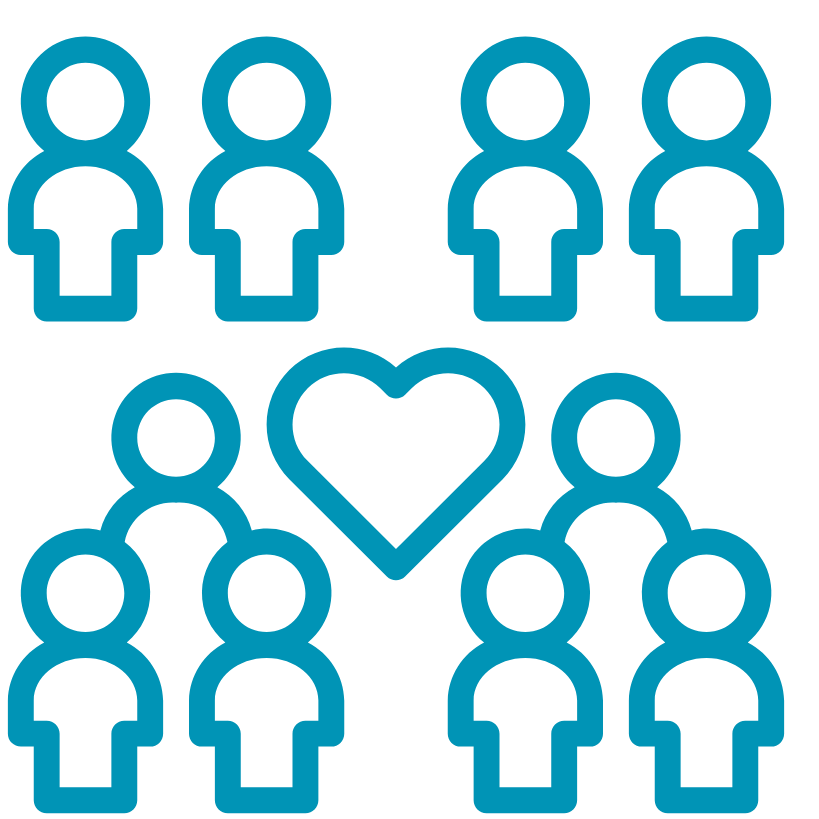 Blue icon of ten stylized human figures surrounding a heart shape