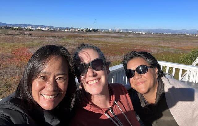 Three women pose for a selfie on a sunny day.