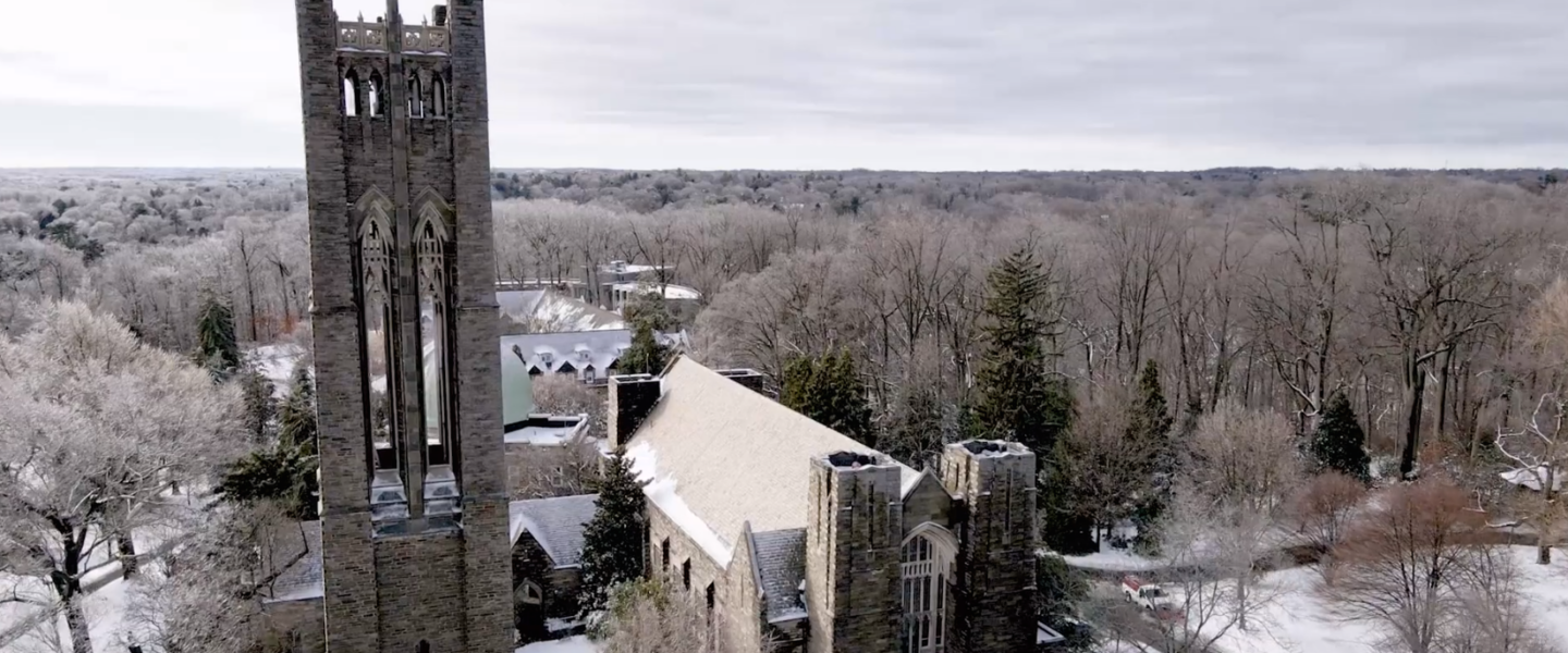 A college campus drone shot in winter
